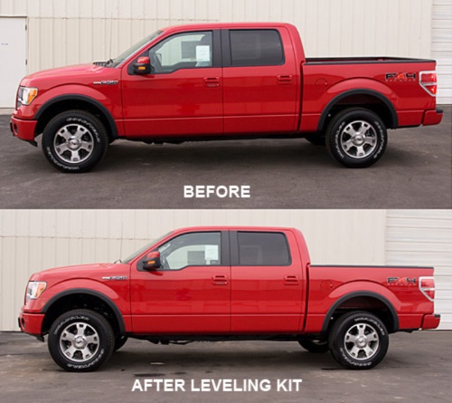 red truck before and after leveling kit
